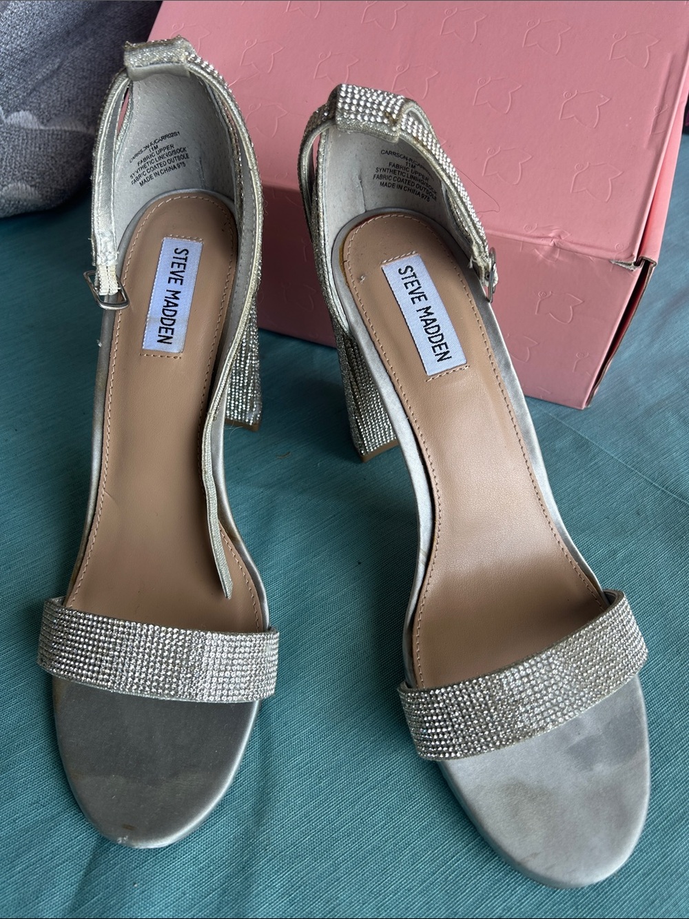 Steve Madden Silver Rhinestone Block Heel Sandals with Ankle Strap
